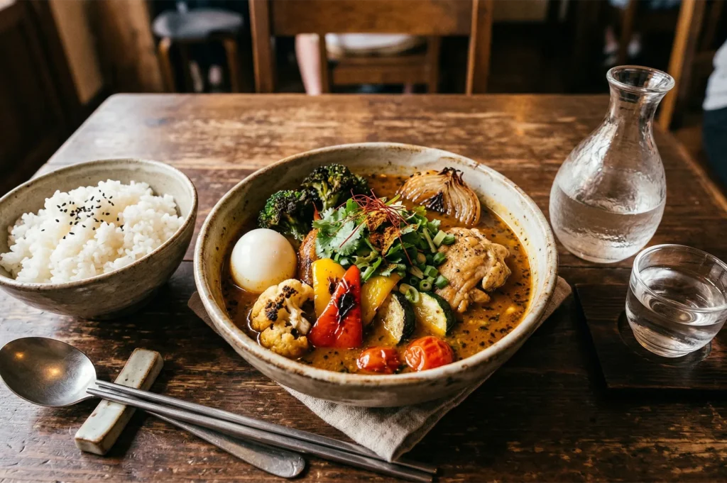 A bowl of authentic Japanese soup curry with grilled vegetables, chicken, and a soft-boiled egg, served with a side of white rice and a carafe of water.