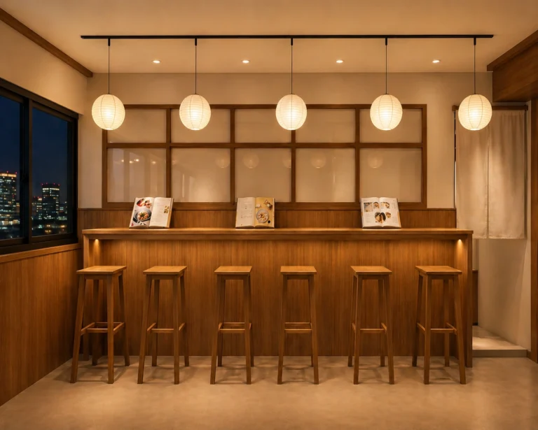 Warm interior of a modern Japanese Izakaya at night with wooden counters and minimalist pendant lighting.