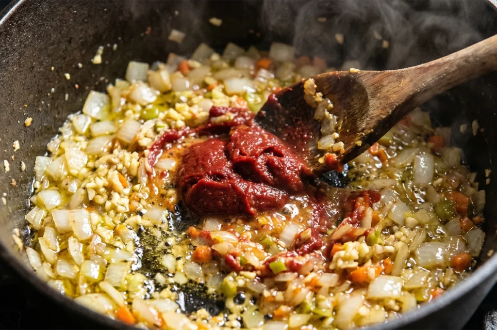 Diced onions and garlic being sautéed in a cast iron pan with a large dollop of rich tomato paste being stirred in.