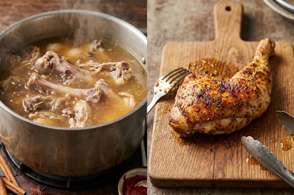 Split image showing a large pot of simmering chicken bone broth on the left and a seasoned roasted chicken leg on a wooden board on the right.