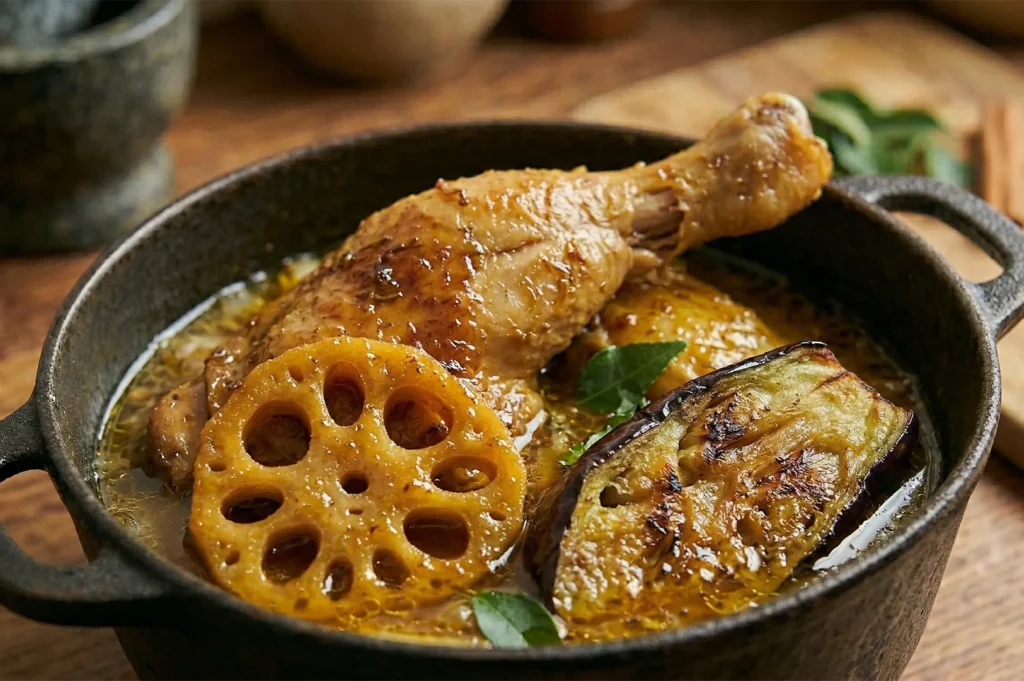A close-up of a cast iron pot containing a braised chicken drumstick, a slice of fried lotus root, and charred eggplant in a spiced sauce.