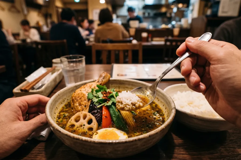 Point-of-view shot of a person dipping a spoonful of white rice into a bowl of spicy soup curry at a busy Japanese restaurant.