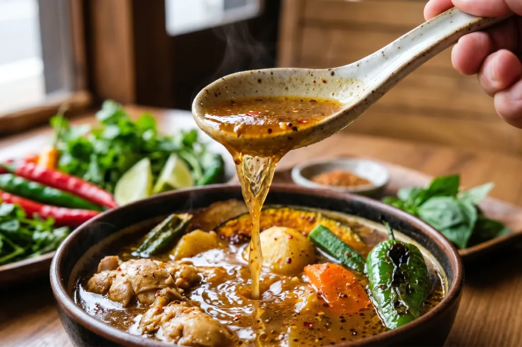 A close-up of steaming hot spicy curry broth being poured from a ceramic ladle into a bowl filled with chicken and vegetables.