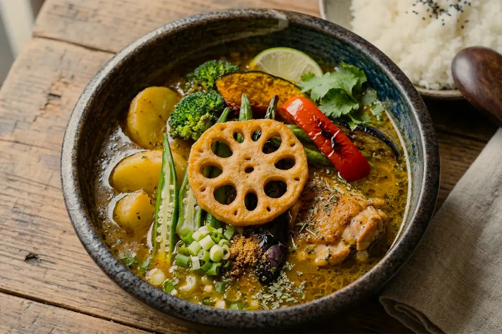 A colorful bowl of curry soup featuring lotus root, vegetables like broccoli, pumpkin, and red pepper, served with chicken. Rice is visible in the background.