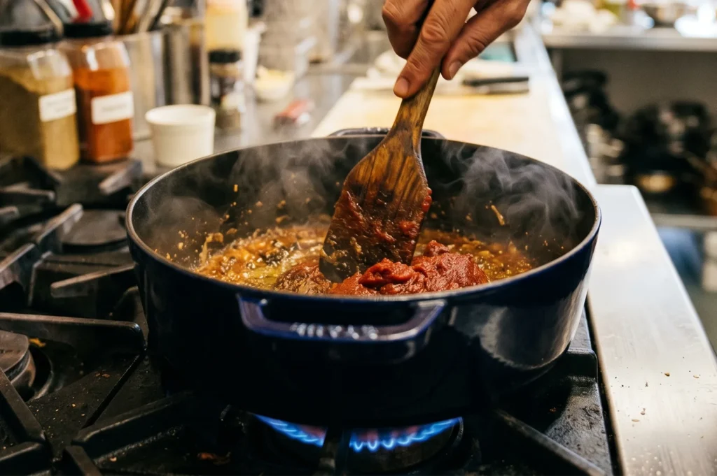 A chef using a wooden spatula to stir tomato paste and aromatics in a blue Staub dutch oven over a gas stove flame.