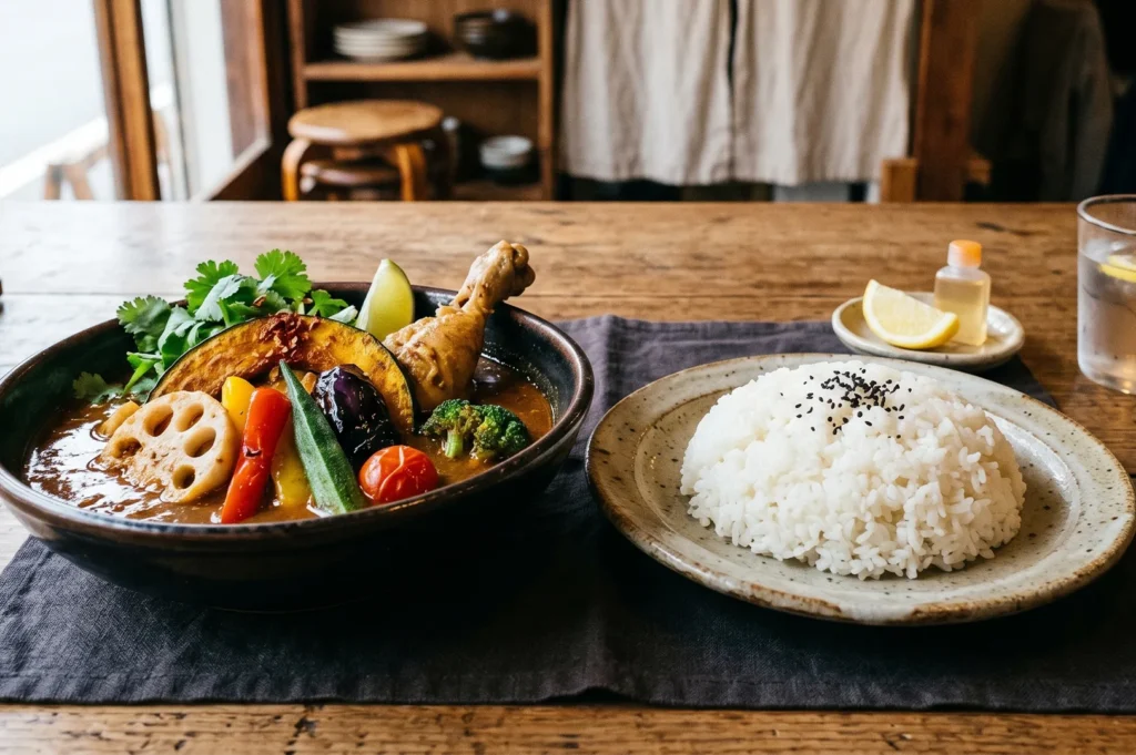 A professional food photography shot of a chicken soup curry bowl with a perfectly shaped mound of white rice topped with black sesame seeds.