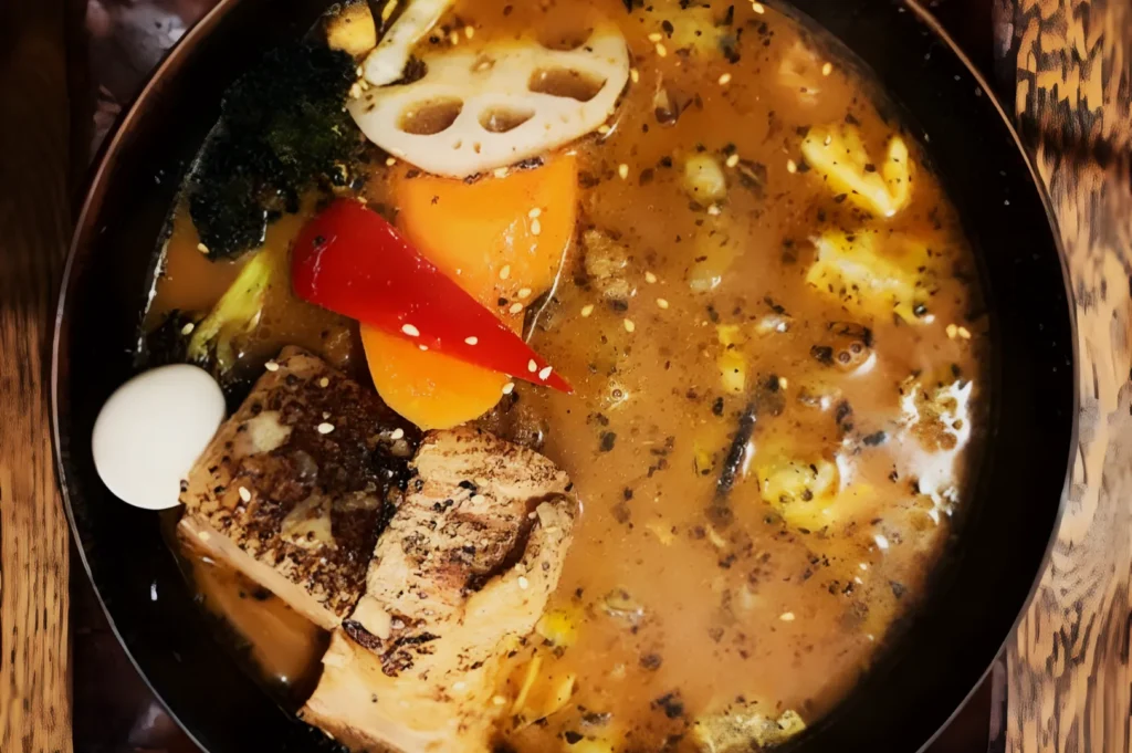A bowl of rich, savory soup with vibrant vegetables, including carrot slices, red pepper, and lotus root. Tofu and an egg add texture and heartiness.
