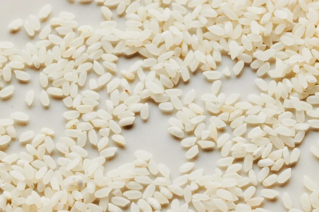 Close-up of scattered white rice grains on a smooth, light gray surface, highlighting their elongated shapes and textured surfaces.