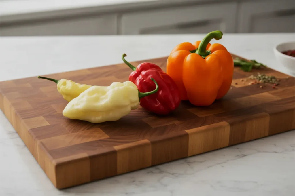 Three peppers in yellow, red, and orange sit on a wooden cutting board on a white marble countertop, conveying a fresh and colorful kitchen scene.