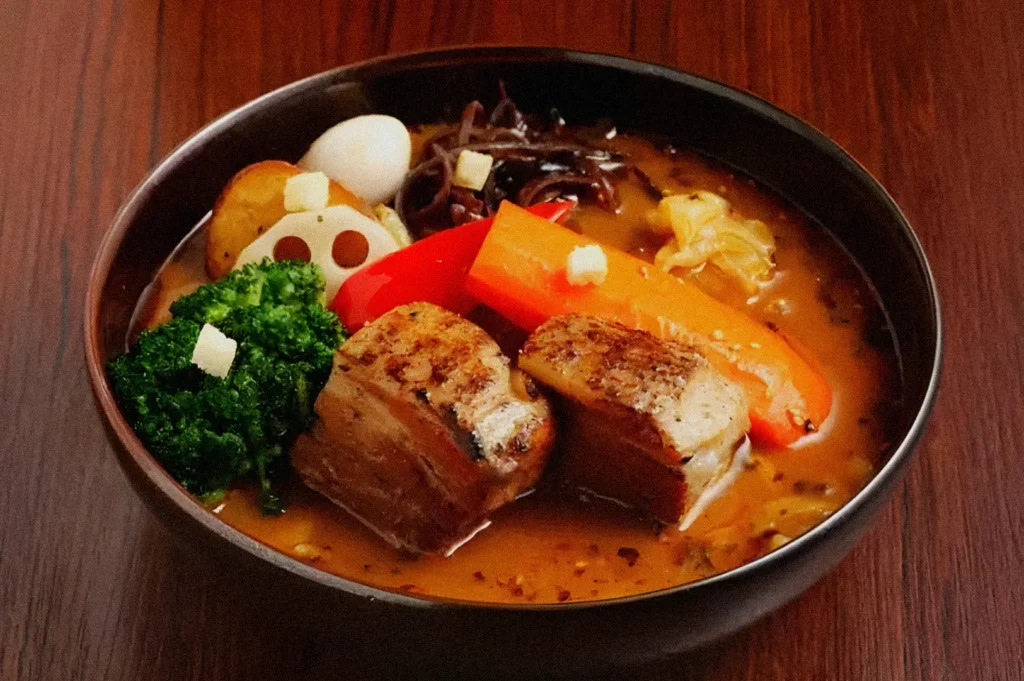 A bowl of vibrant Japanese curry soup with grilled pork belly, broccoli, carrots, lotus root slices, quail egg, and mushrooms, on a wooden table.