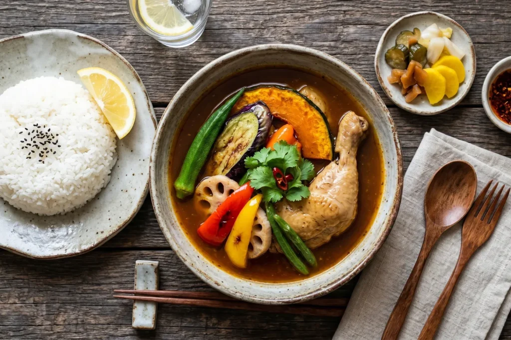 A vibrant bowl of Japanese curry with chicken, colorful vegetables, and cilantro is next to white rice with sesame seeds. Pickles and a wooden spoon set nearby.