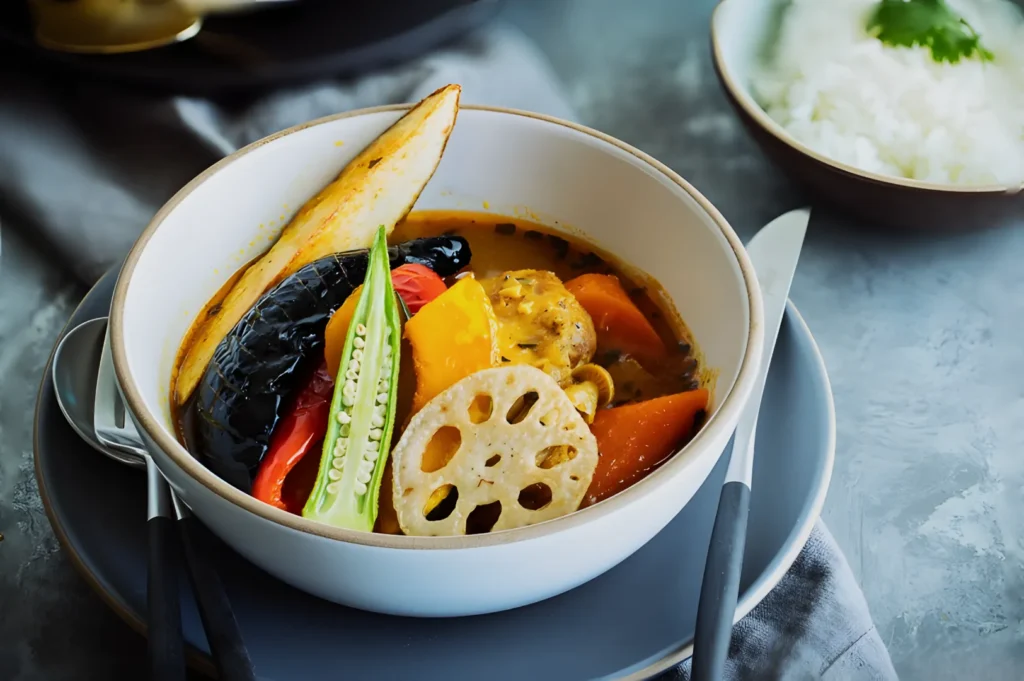 A white bowl filled with vibrant vegetable curry, featuring eggplant, okra, and lotus root, is served with rice. The scene conveys warmth and comfort.