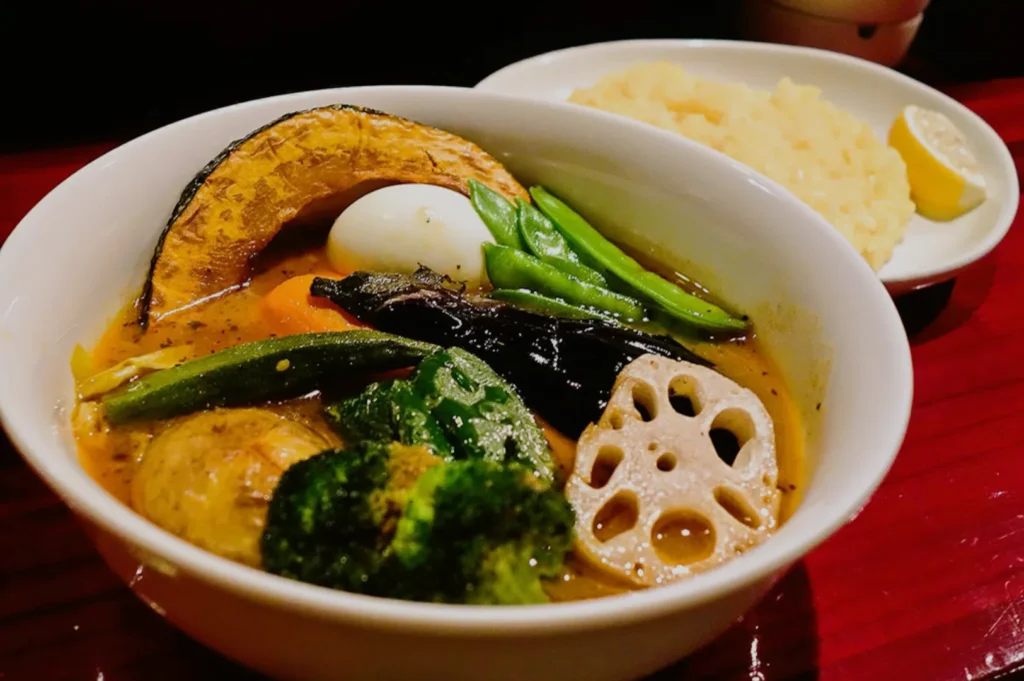 A vibrant bowl of Japanese curry ramen topped with assorted vegetables, egg, and lotus root. A side of rice and lemon wedge completes the dish.