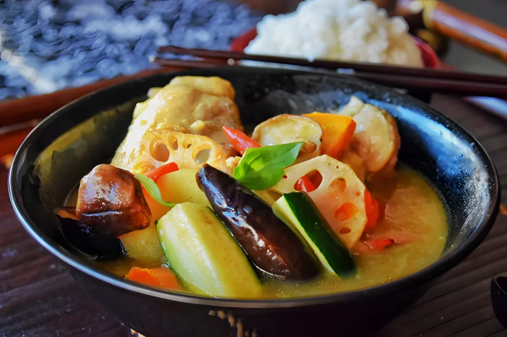A vibrant bowl of Hokkaido soup curry with assorted vegetables like eggplant and lotus root, garnished with basil, beside a bowl of steaming white rice.