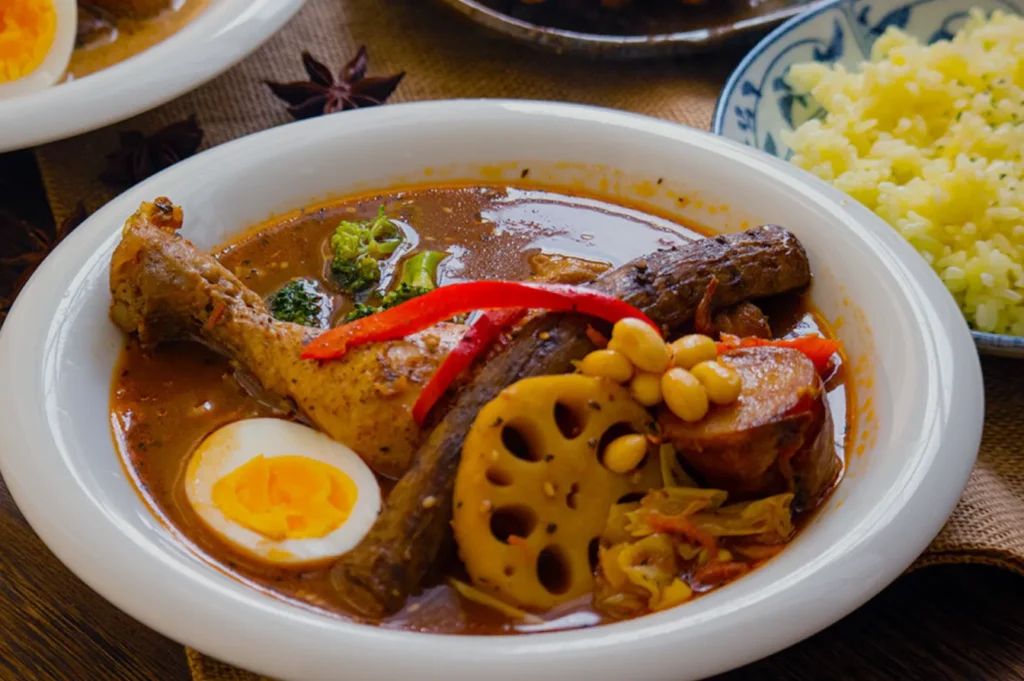 A bowl of rich curry soup with chicken leg, lotus root, boiled egg, and vegetables. Served with yellow rice, conveying warmth and flavor.