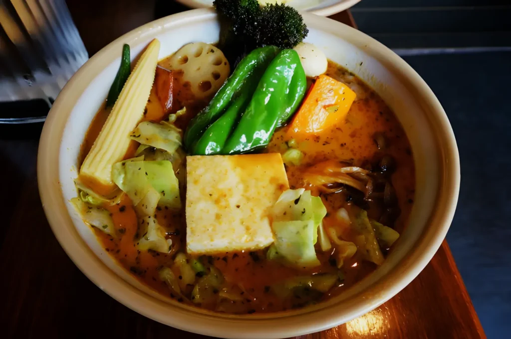 A bowl of vibrant vegetable curry features tofu, broccoli, corn, shishito pepper, lotus root, and carrots in a rich, aromatic broth.