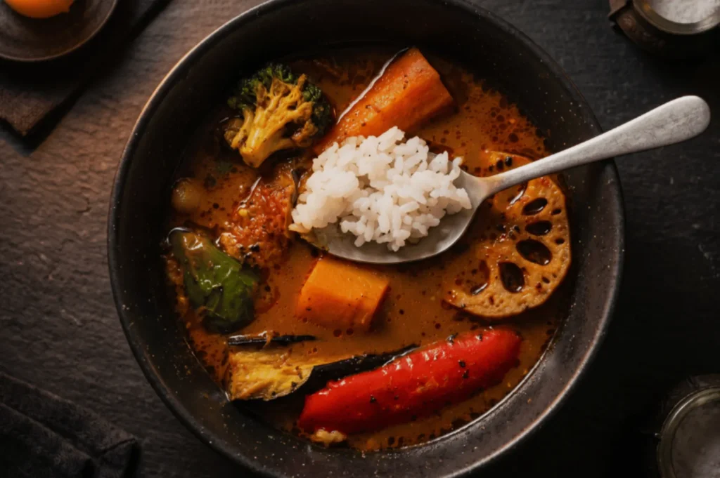 A bowl of vibrant vegetable curry with rice, featuring broccoli, carrot, lotus root, and red pepper. The warm, inviting dish exudes a hearty and comforting feel.