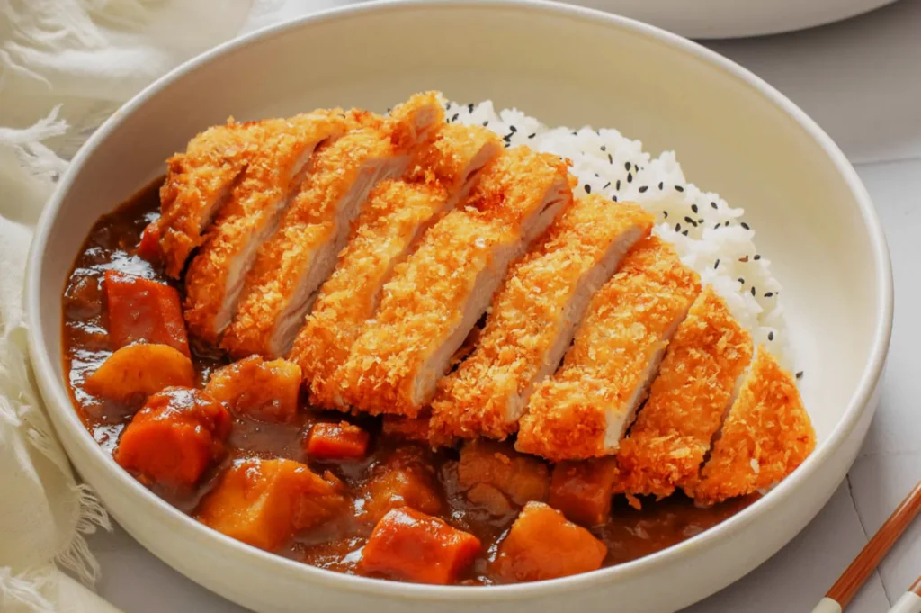 A plate of Japanese curry features crispy breaded chicken cutlets, sliced and arranged over white rice sprinkled with black sesame seeds, and rich brown curry sauce with chunks of carrot and potato, creating a warm and appetizing presentation.