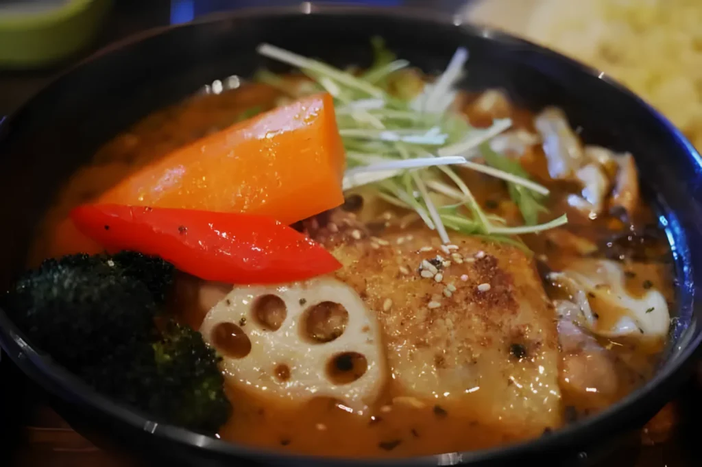 A steaming bowl of soup curry featuring vibrant vegetables like broccoli, carrot, and red pepper, topped with sliced lotus root and greens. The dish conveys warmth and comfort.
