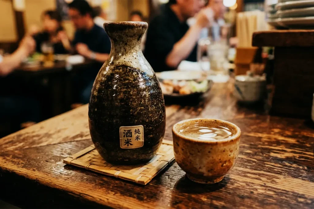 A rustic ceramic sake bottle and cup sit on a wooden table in a cozy restaurant. Blurred diners in the background enhance the intimate atmosphere.