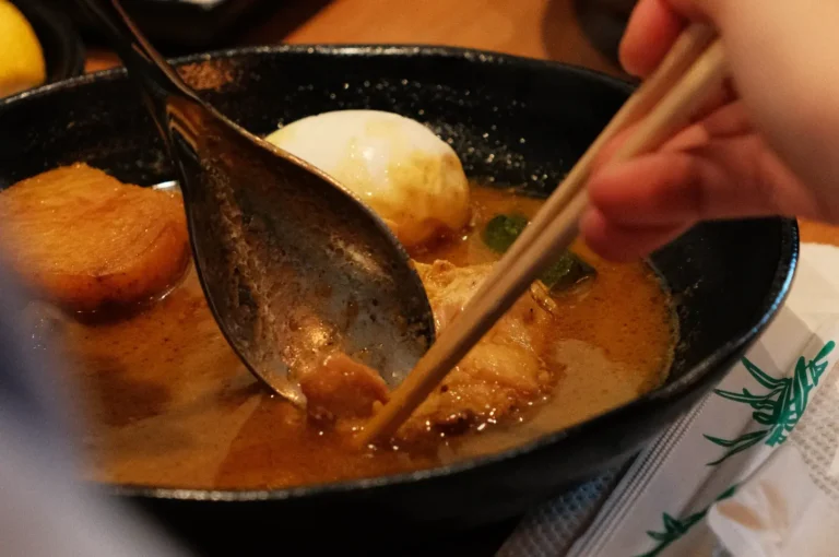 A hand holding chopsticks is stirring a bowl of soup curry, which includes chicken, a soft-boiled egg, and broth.