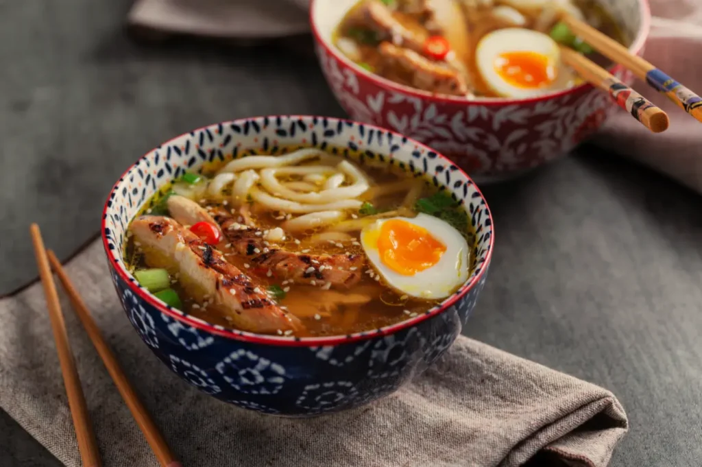 Two bowls of ramen with a soft-boiled egg, green onions, and meat, placed on a textured surface with chopsticks.