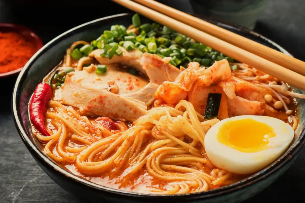 A bowl of ramen noodles topped with sliced chicken, green onions, kimchi, a boiled egg, and red chili peppers.