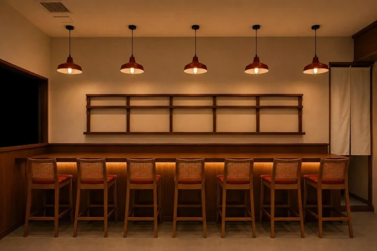 A row of seven wooden high bar stools with red cushions lined up against a long wooden counter under five red hanging pendant lights.