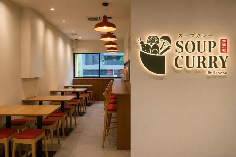Brightly lit interior of a Japanese restaurant showing small wooden tables, counter seating, and a large backlit wall logo reading "Soup Curry By Ki-setsu."