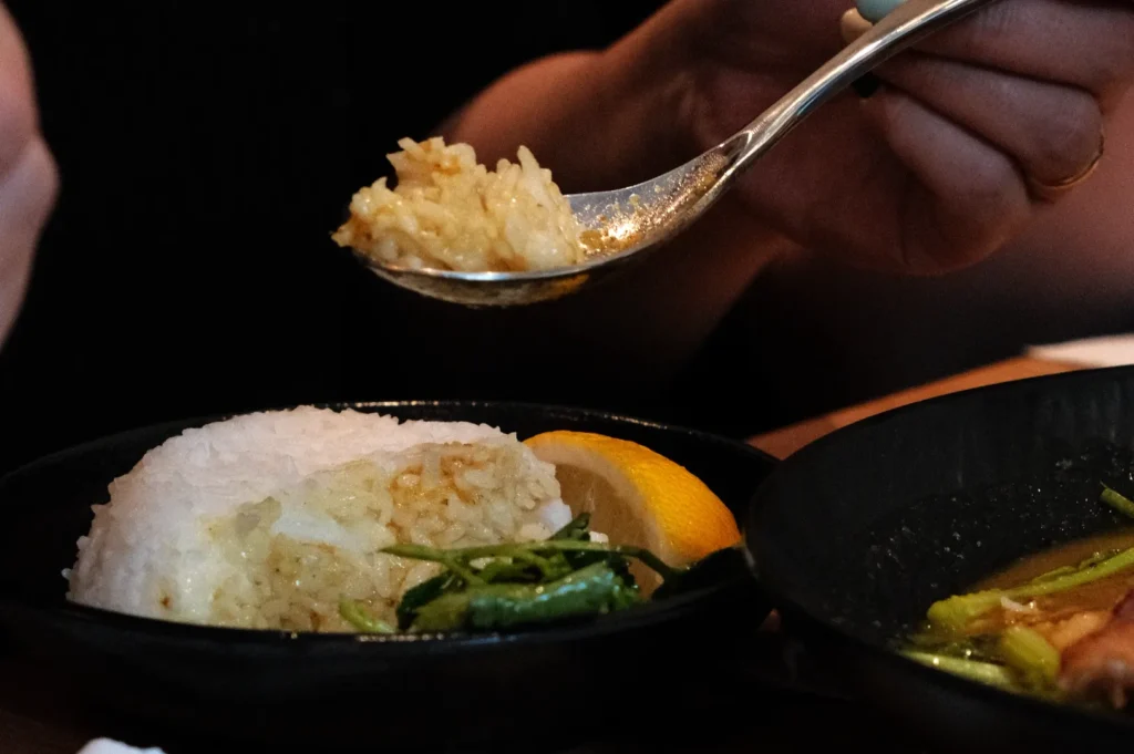 A person holding a spoon with rice above a dish containing rice and garnished with green onions and a slice of lemon.