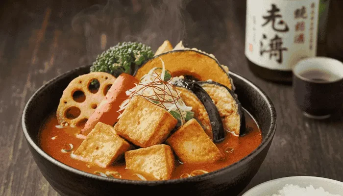 An image of a steaming Japanese Soup Curry sitting on a dark oak table accompanied with a bowl of rice and some sake.