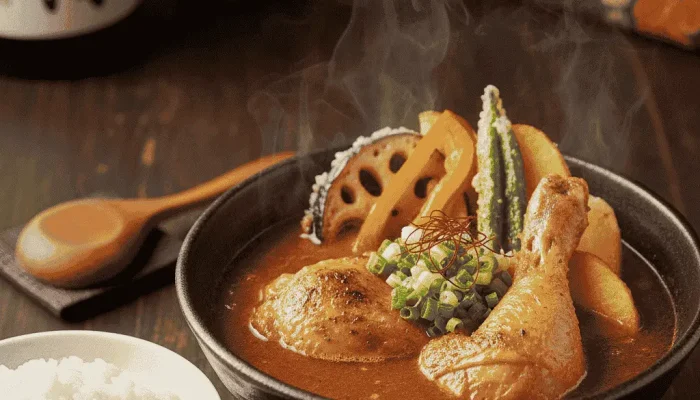 An Image of a steaming Japanese Delicacy sitting on an oak table with a bowl of rice on the side, a wooden spoon, and a bottle of sake.