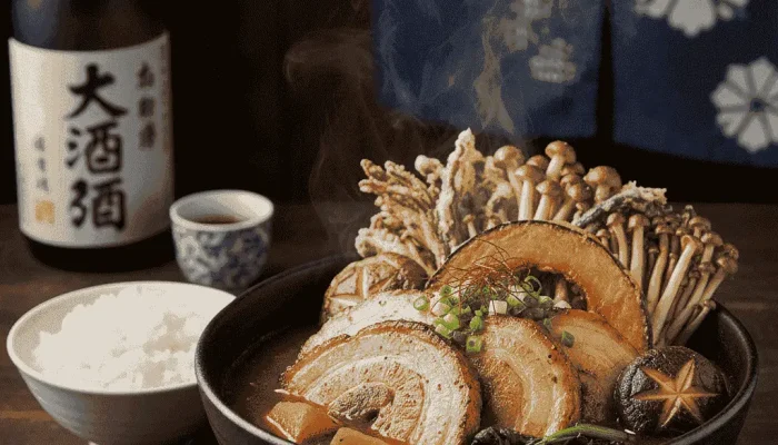 A bowl of a Japanese Soup filled with shiitake mushrooms and herbs as it steams in front of the bowl of rice and sake.